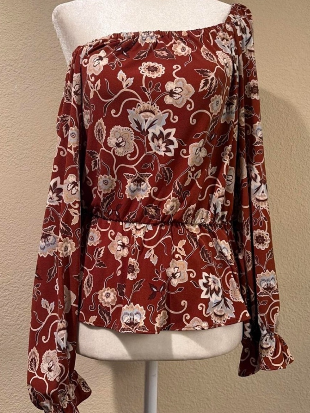 CeCe Rust Red Floral Peplum Blouse